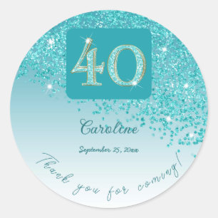 Falling Teal Blue Glitter, 40th Birthday Thanks Classic Round Sticker