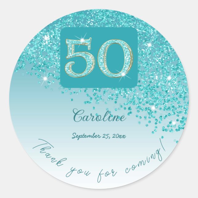 Falling Teal Blue Glitter, 50th Birthday Thanks Classic Round Sticker (Front)