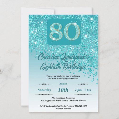 Falling Teal Blue Glitter 80th Birthday Party Invitation