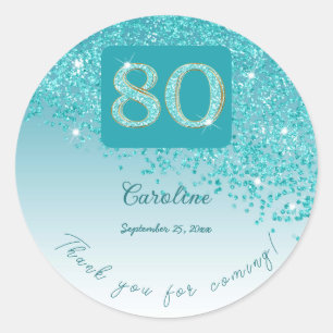 Falling Teal Blue Glitter, 80th Birthday Thanks Classic Round Sticker