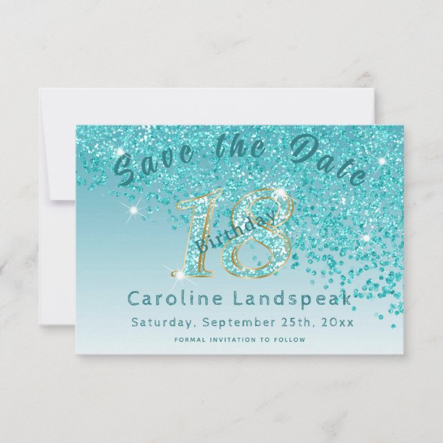 Falling Teal Blue Glitter for 18th Birthday Save The Date (Front)