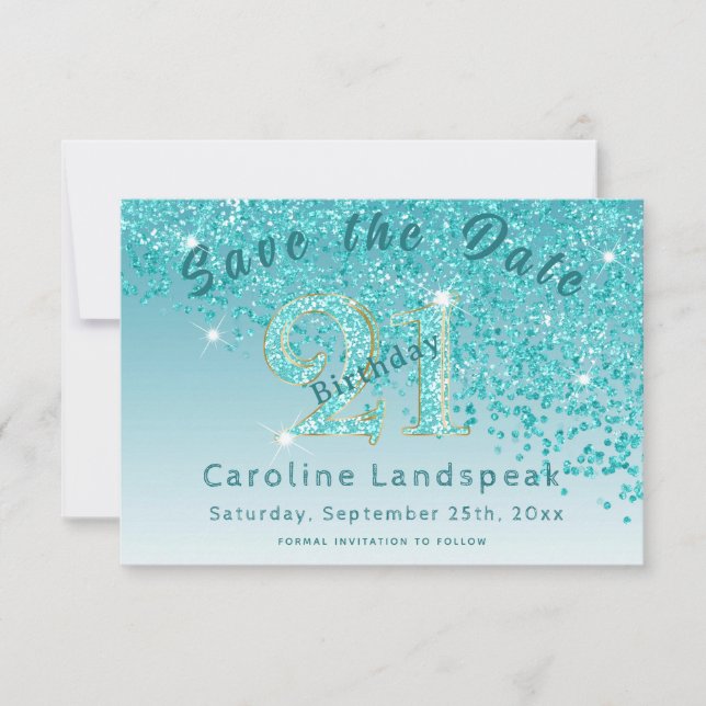 Falling Teal Blue Glitter for 21st Birthday Save The Date (Front)