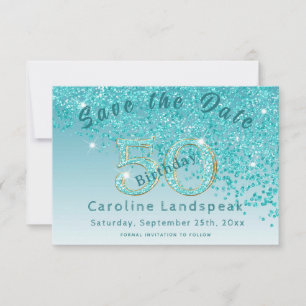 Falling Teal Blue Glitter for 50th Birthday Save The Date