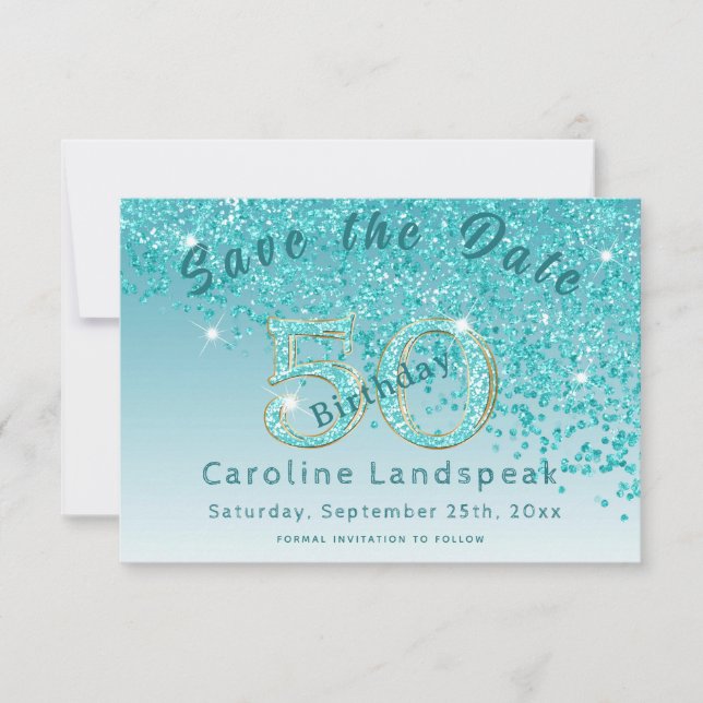 Falling Teal Blue Glitter for 50th Birthday Save The Date (Front)