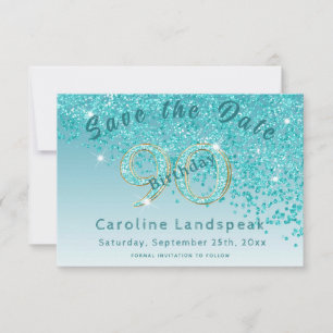 Falling Teal Blue Glitter for 90th Birthday Save The Date