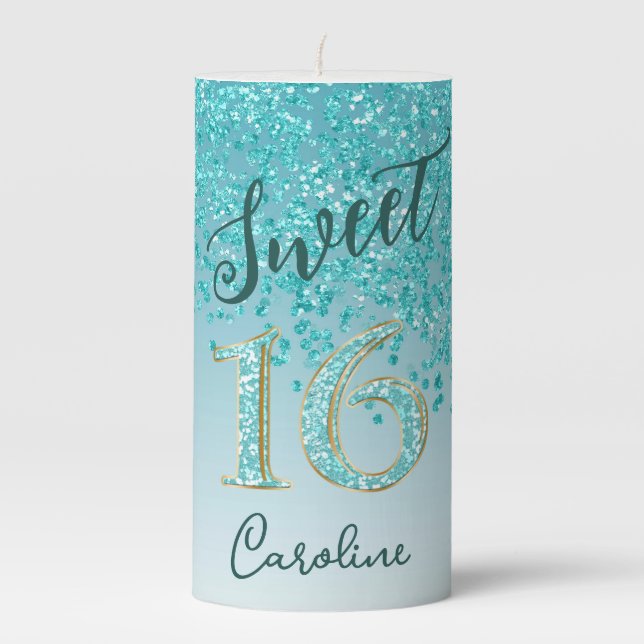 Falling Teal Blue Glitter & Glitter Number 16 Pillar Candle (Front)