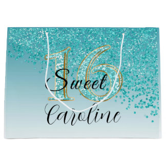 Falling Teal Blue Glitter Sweet 16 Birthday Large Gift Bag