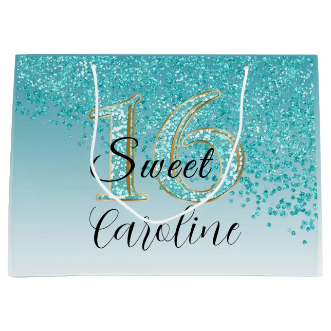 Falling Teal Blue Glitter Sweet 16 Birthday  Large Gift Bag (Front)