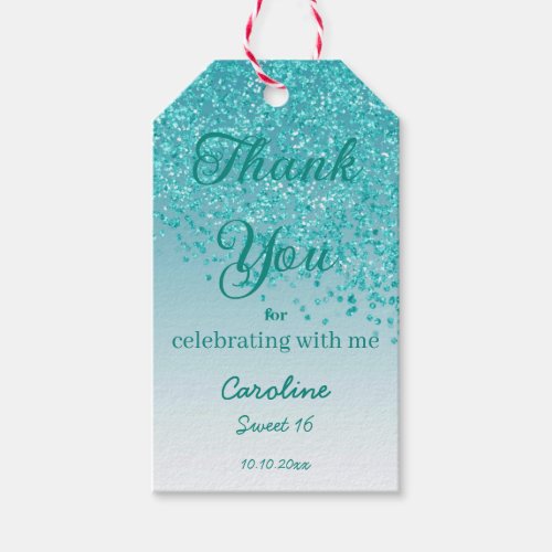 Falling Teal Blue Glitter Sweet 16 Personalized Gift Tags