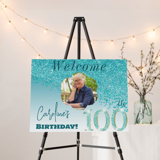Falling Teal Blue Glitter Welcome 100th Birthday Foam Board (In Situ (Stand))