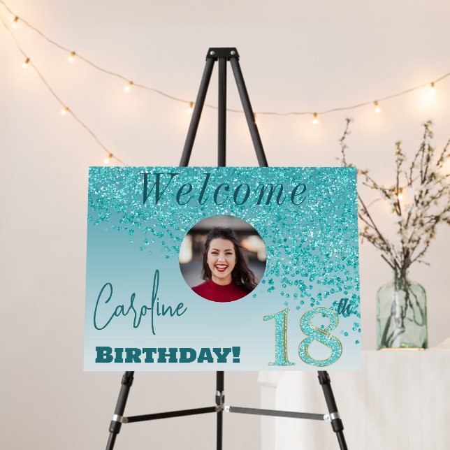 Falling Teal Blue Glitter Welcome 18th Birthday  Foam Board (In Situ (Stand))