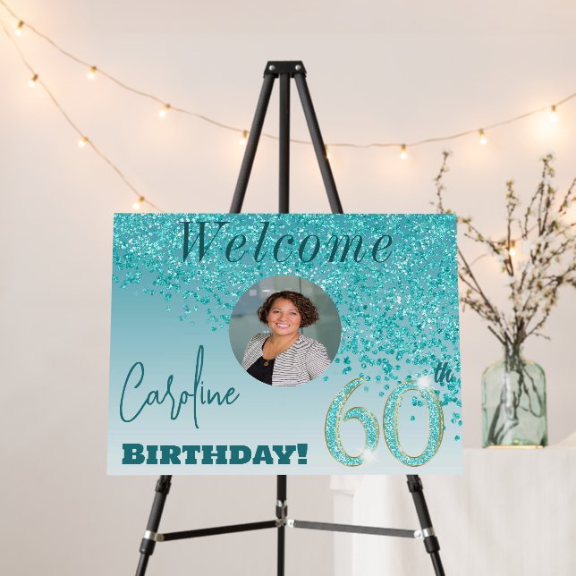 Falling Teal Blue Glitter Welcome 60th Birthday Foam Board (In Situ (Stand))