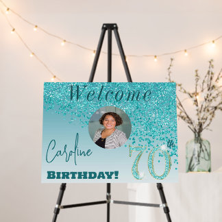 Falling Teal Blue Glitter Welcome 70th Birthday Foam Board