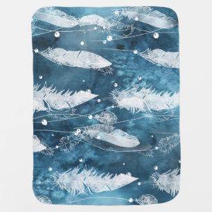 Falling white feathers, blue watercolor. baby blanket