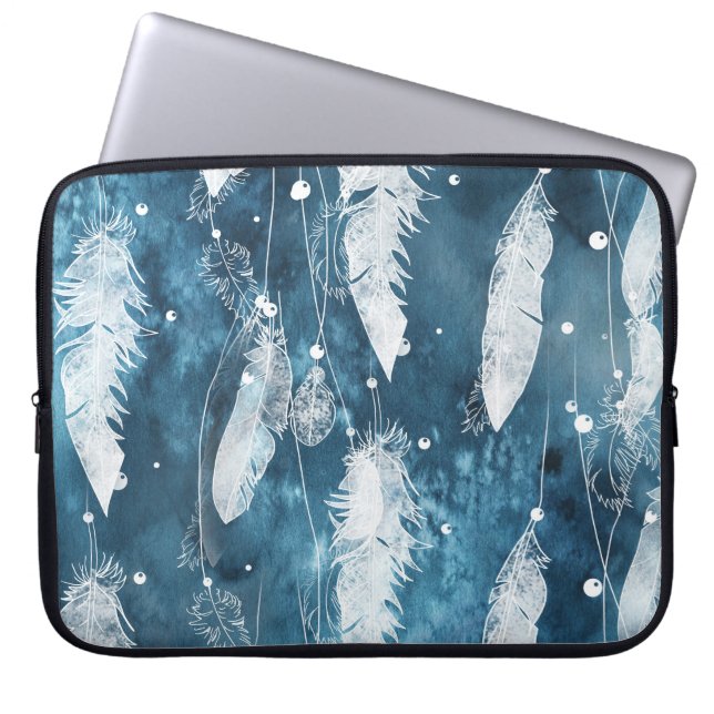 Falling white feathers, blue watercolor. laptop sleeve (Front)