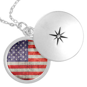 Falln Antique American Flag Locket Necklace