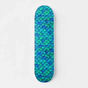 Falln Aqua Blue Scales Skateboard Deck by FallnAngelCreations at Zazzle