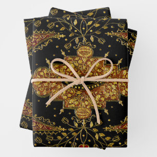 Falln Black and Gold Floral Wrapping Paper Sheets