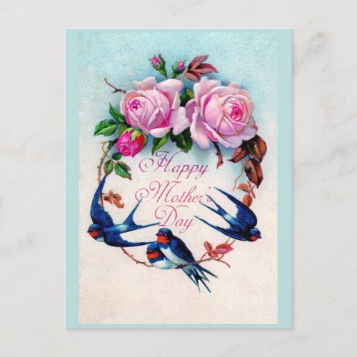 Falln Blue Birds and Roses Mothers Day Postcard