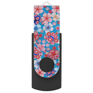 Falln Blue Cascading Floral Chirimen Flash Drive