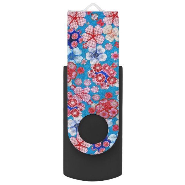 Falln Blue Cascading Floral Chirimen Flash Drive (Front Vertical)