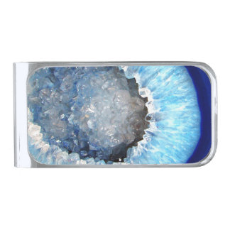 Falln Blue Crystal Geode Silver Finish Money Clip