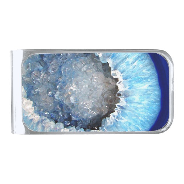 Falln Blue Crystal Geode Silver Finish Money Clip (Front)