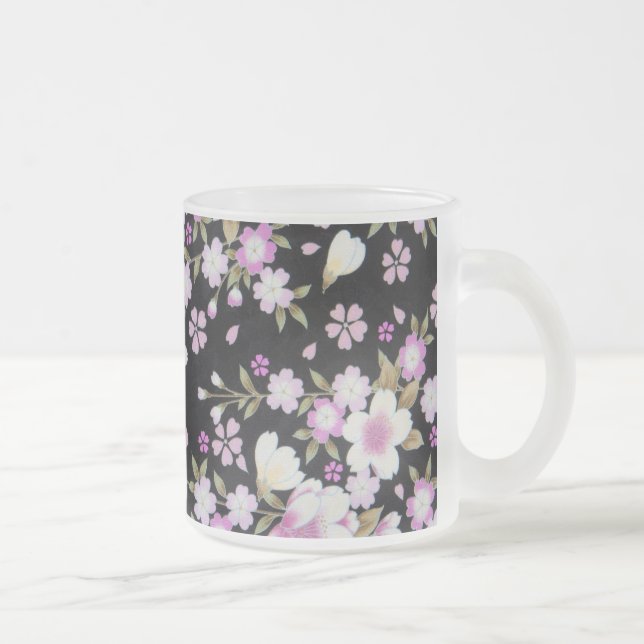 Falln Cascading Pink Flowers Frosted Glass Coffee Mug (Right)