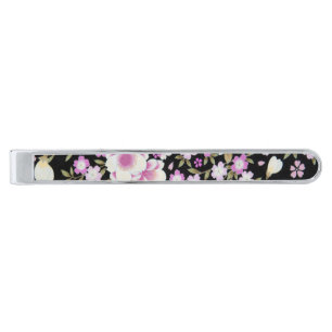 Falln Cascading Pink Flowers Silver Finish Tie Clip