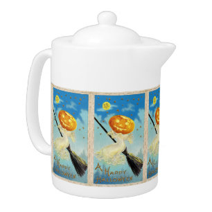Falln Happy Halloween Pumpkin Witch Teapot