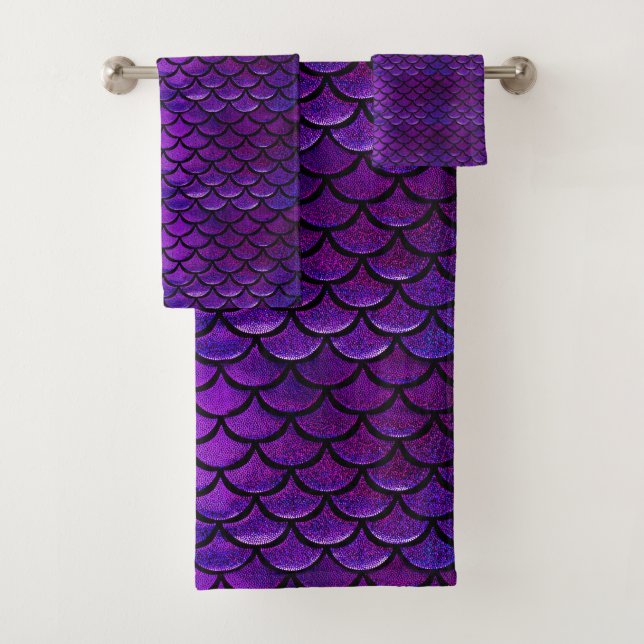 Falln Purple And Blue Mermaid Scales Bath Towel Set (Insitu)