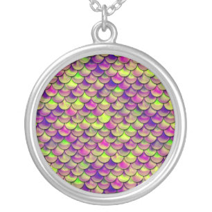 Falln Purple and Green Scales Silver Plated Necklace