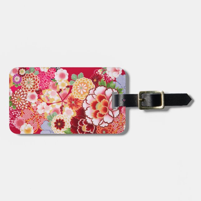 Falln Red Floral Burst Luggage Tag (Front Horizontal)