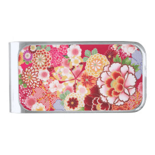 Falln Red Floral Burst Silver Finish Money Clip