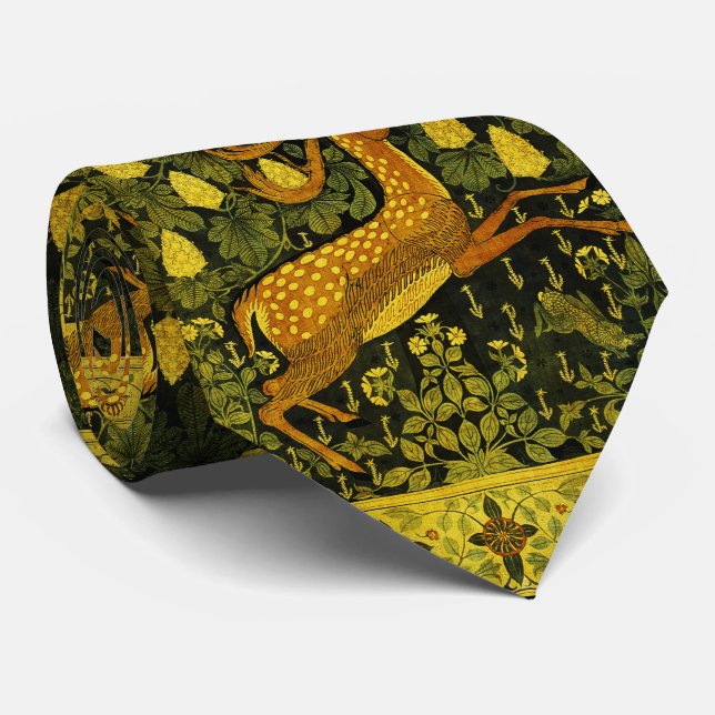 FALLOW DEER,FLOWERS CHESTNUT TREE Green Yellow Neck Tie (Rolled)