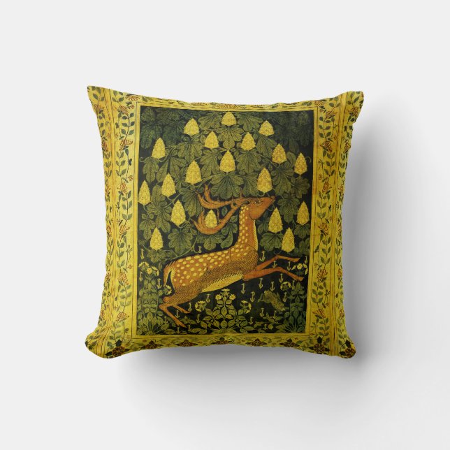 FALLOW DEER,FLOWERS CHESTNUT TREE Green Yellow Throw Pillow (Front)