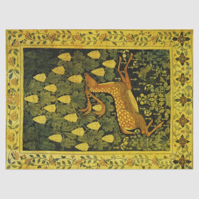 FALLOW DEER,FLOWERS CHESTNUT TREE Green Yellow Tissue Paper (Front)