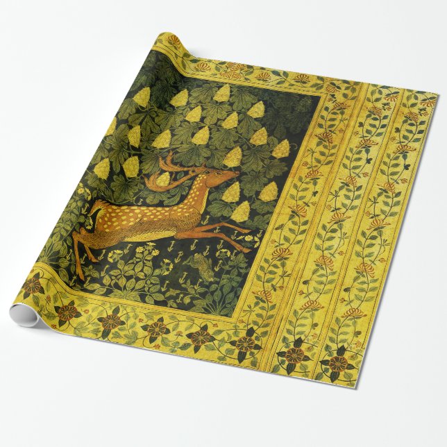FALLOW DEER,FLOWERS CHESTNUT TREE Green Yellow Wrapping Paper (Unrolled)