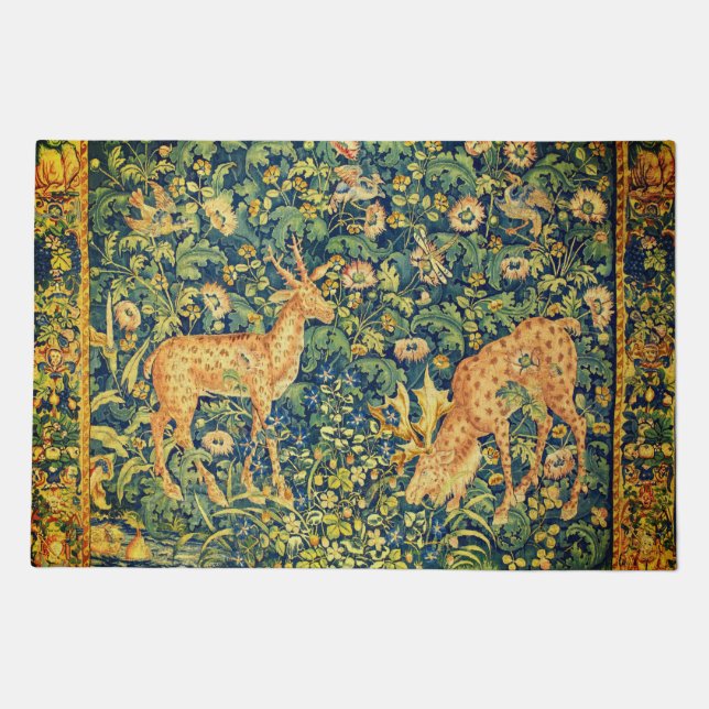 FALLOW DEER PAIR,GOTHIC FANTASY FLOWERS,Green Doormat (Front)