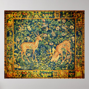 FALLOW DEER PAIR,GOTHIC FANTASY FLOWERS,Green Poster