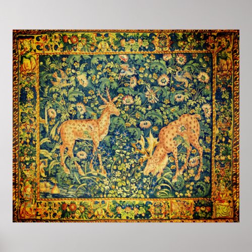 FALLOW DEER PAIRGOTHIC FANTASY FLOWERSGreen Poster