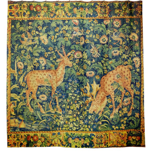 FALLOW DEER PAIR,GOTHIC FANTASY FLOWERS,Green Shower Curtain (Front)