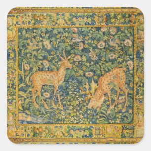 FALLOW DEER PAIR,GOTHIC FANTASY FLOWERS,Green Square Sticker