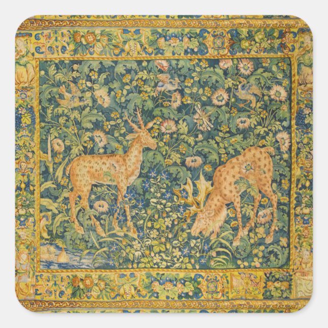 FALLOW DEER PAIR,GOTHIC FANTASY FLOWERS,Green Square Sticker (Front)
