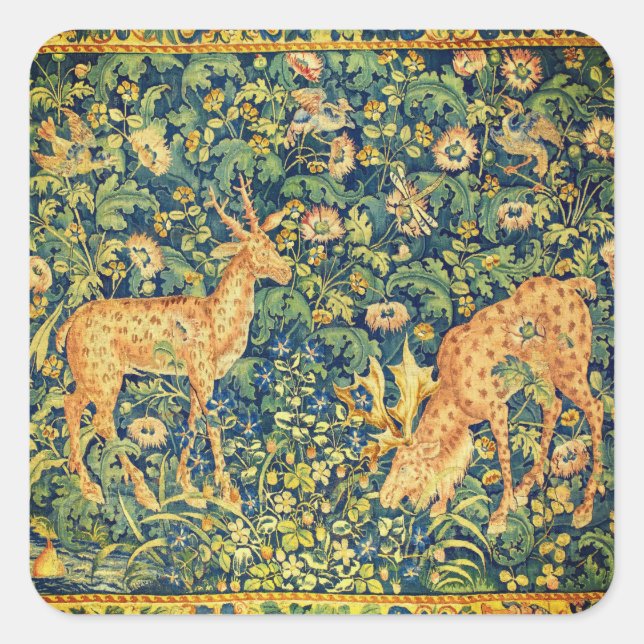 FALLOW DEER PAIR,GOTHIC FANTASY FLOWERS,Green Square Sticker (Front)
