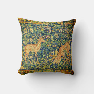 FALLOW DEER PAIR,GOTHIC FANTASY FLOWERS,Green Throw Pillow