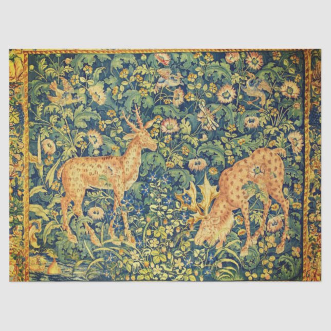 FALLOW DEER PAIR,GOTHIC FANTASY FLOWERS,Green Tissue Paper (Front)
