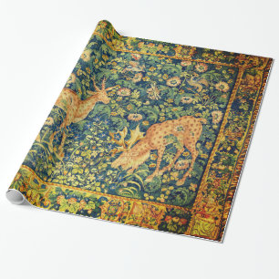 FALLOW DEER PAIR,GOTHIC FANTASY FLOWERS,Green Wrapping Paper