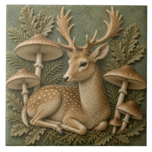 Fallow Deer & Woodland Mushrooms Autumn Wildlife Ceramic Tile