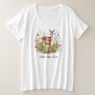 Fallow Doe and Fawn Deer with Flowers  Plus Size T-Shirt